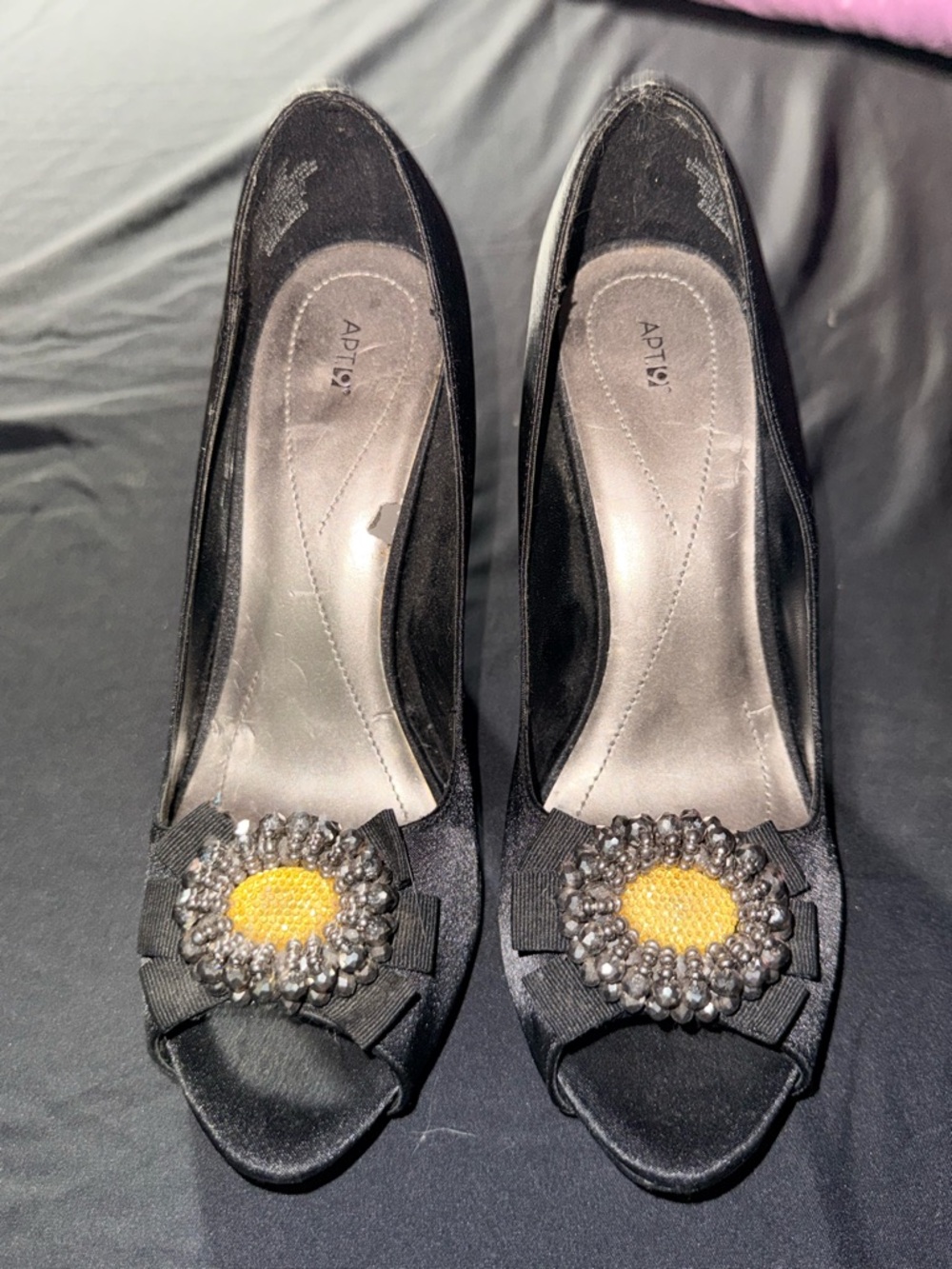 Apt. 9 Black Peep-Toe Heels with Yellow Beaded Rosette